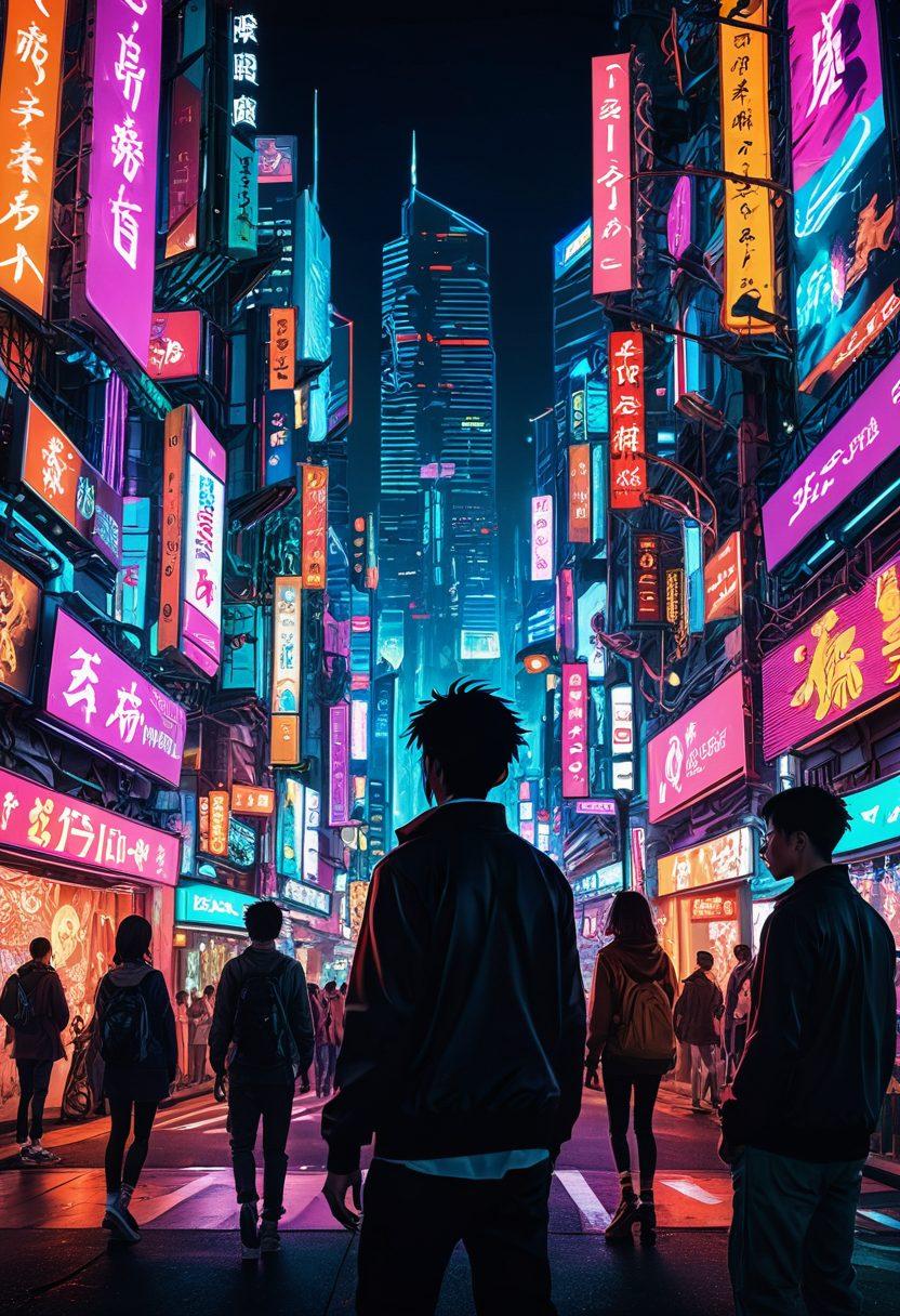 A dynamic collage showcasing various adult manga styles influencing traditional manga and anime communities. Include intricate details of manga characters, vibrant colors, and cultural symbols blending into a bustling anime scene. In the background, depict a diverse group of fans engaging in discussions, with a neon-lit cityscape reflecting modern influences. Emphasize the contrast between traditional and adult themes. super-realistic. vibrant colors. cyberpunk.