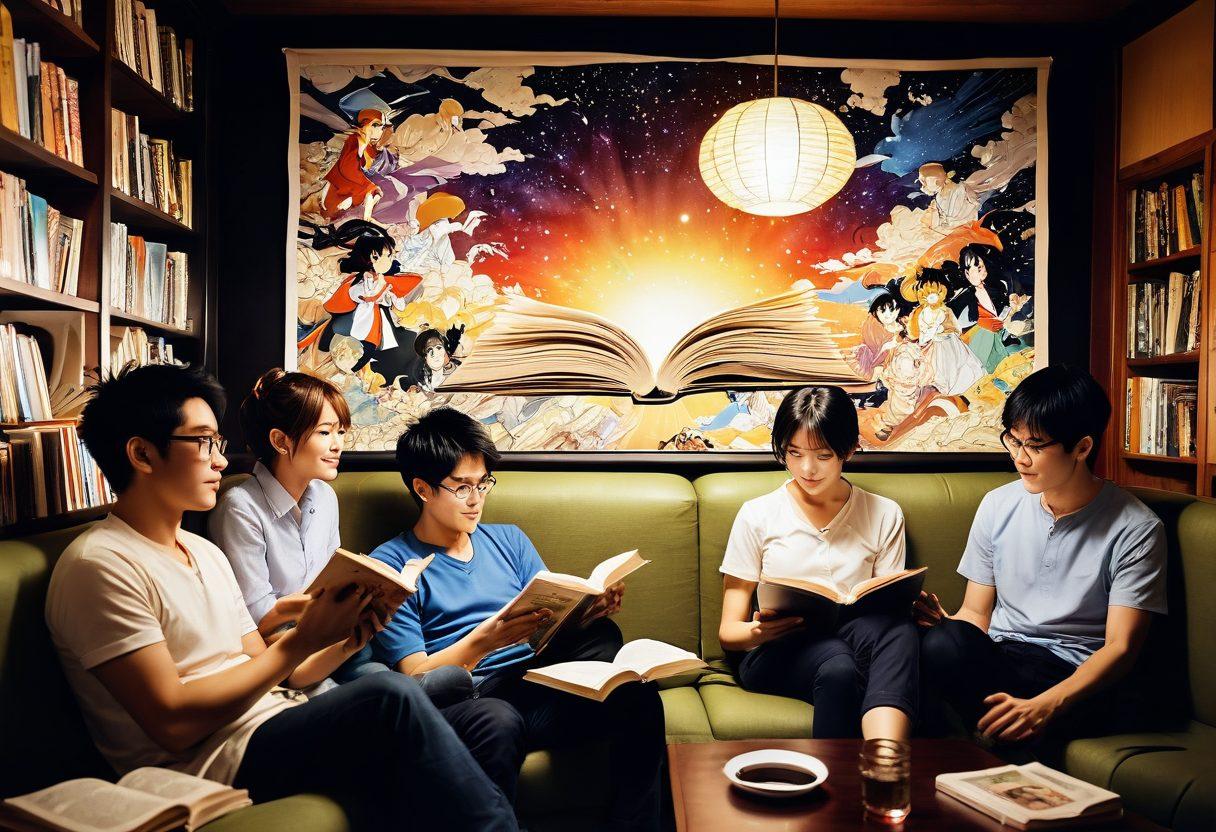 A dynamic scene showcasing a diverse group of adults engrossed in reading manga and watching anime together, with expressive emotions on their faces. The background features a blend of iconic manga and anime characters, weaving through vibrant panels and colorful digital screens that illustrate storytelling. Elements of fantasy and reality merge, with floating book pages and animated scenes coming to life around them. The setting is a cozy, stylish lounge filled with art and creativity, reflecting the narrative depth of adult themes in these mediums. super-realistic. vibrant colors. cozy ambiance.